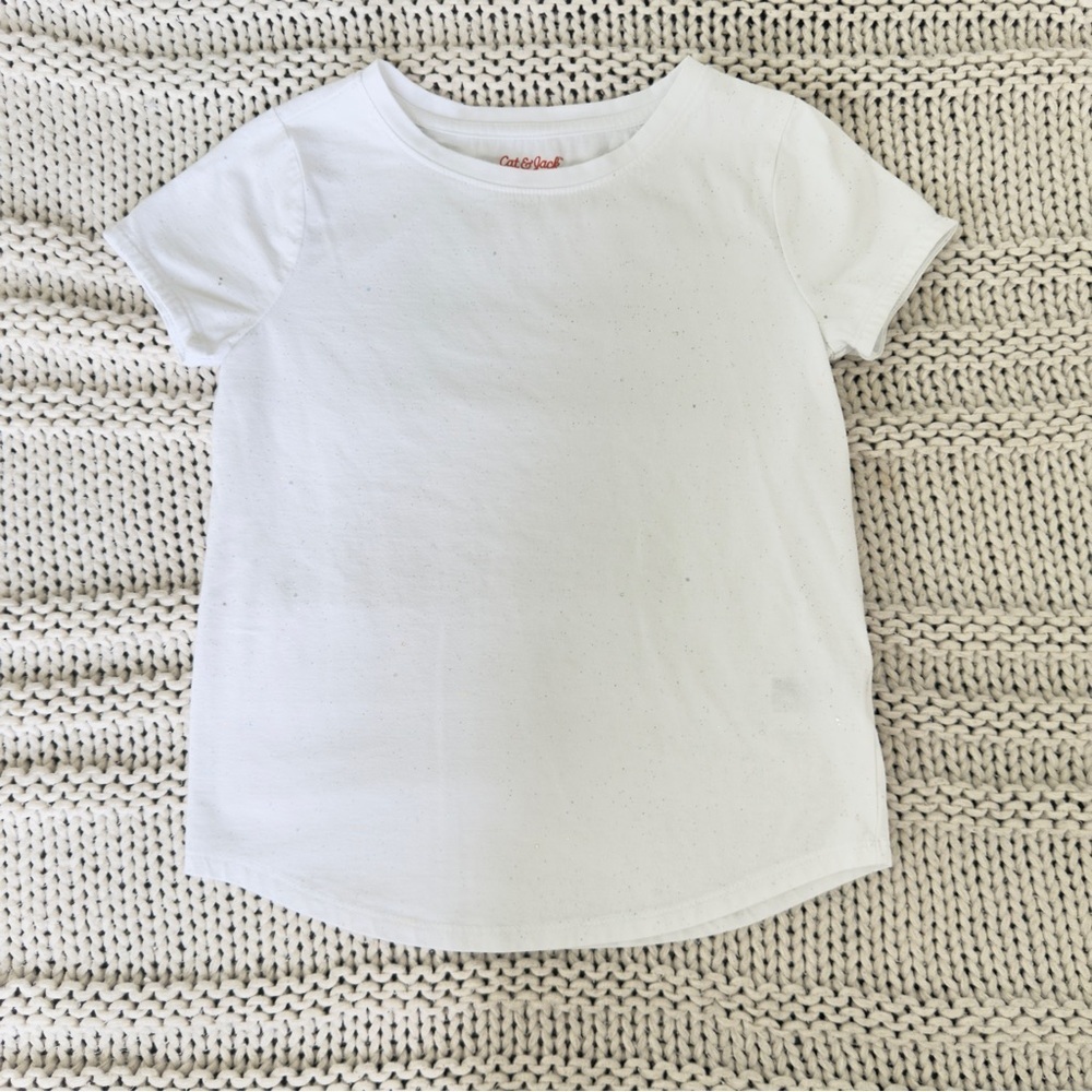 Cat & Jack Bright White Short Sleeve Glitter Girl's Tee Medium 7/8